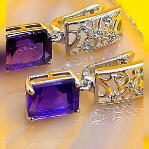 Natural Purple‎ Amethyst 10x8mm & White Topaz 925 Sterling Silver Earrings